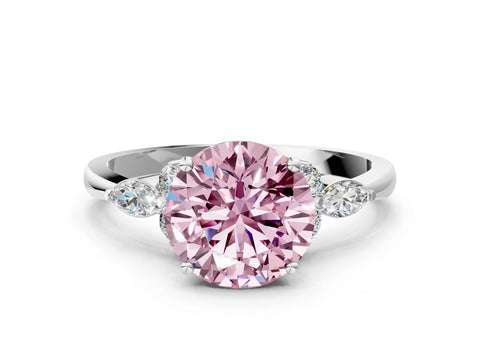 White gold Fancy Pink Round Cut Brilliant Diamond Solitaire Ring with Pear Side Stones and Four-Prong Setting_6