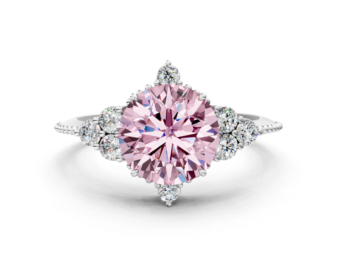 White gold Fancy Pink Round Cut Brilliant Diamond with Cluster Setting on a Beaded Band and Four-Prong Setting_24