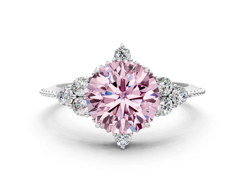 White gold Fancy Pink Round Cut Brilliant Diamond with Cluster Setting on a Beaded Band and Four-Prong Setting_24