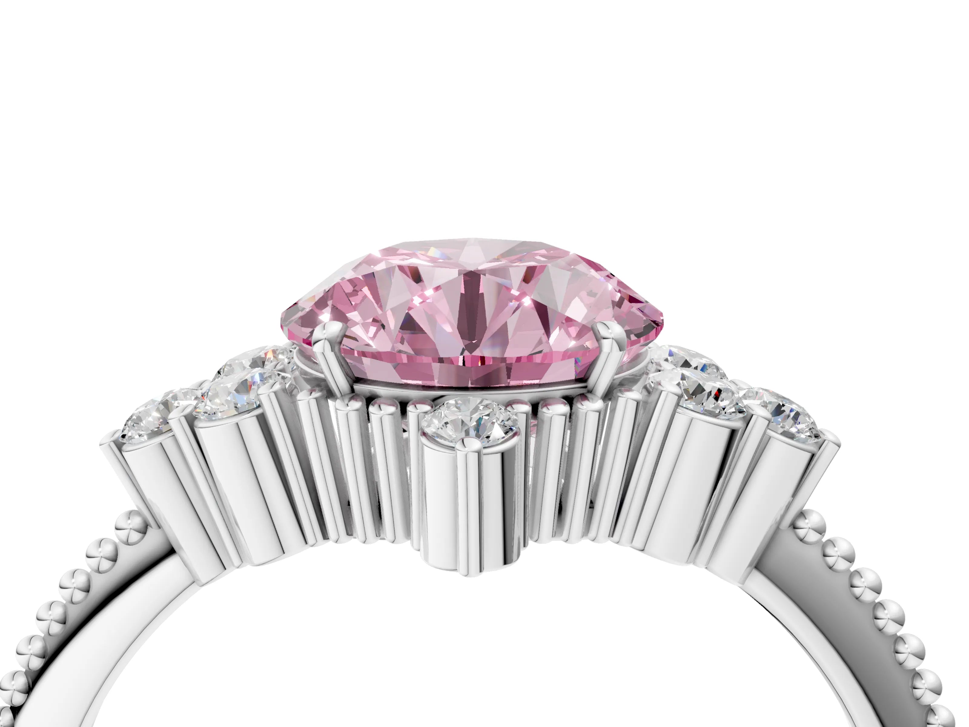 White gold Fancy Pink Round Cut Brilliant Diamond with Cluster Setting on a Beaded Band and Four-Prong Setting_28