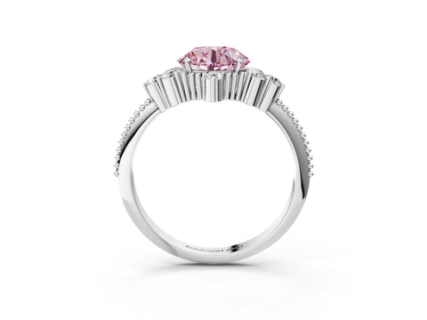 White gold Fancy Pink Round Cut Brilliant Diamond with Cluster Setting on a Beaded Band and Four-Prong Setting_3