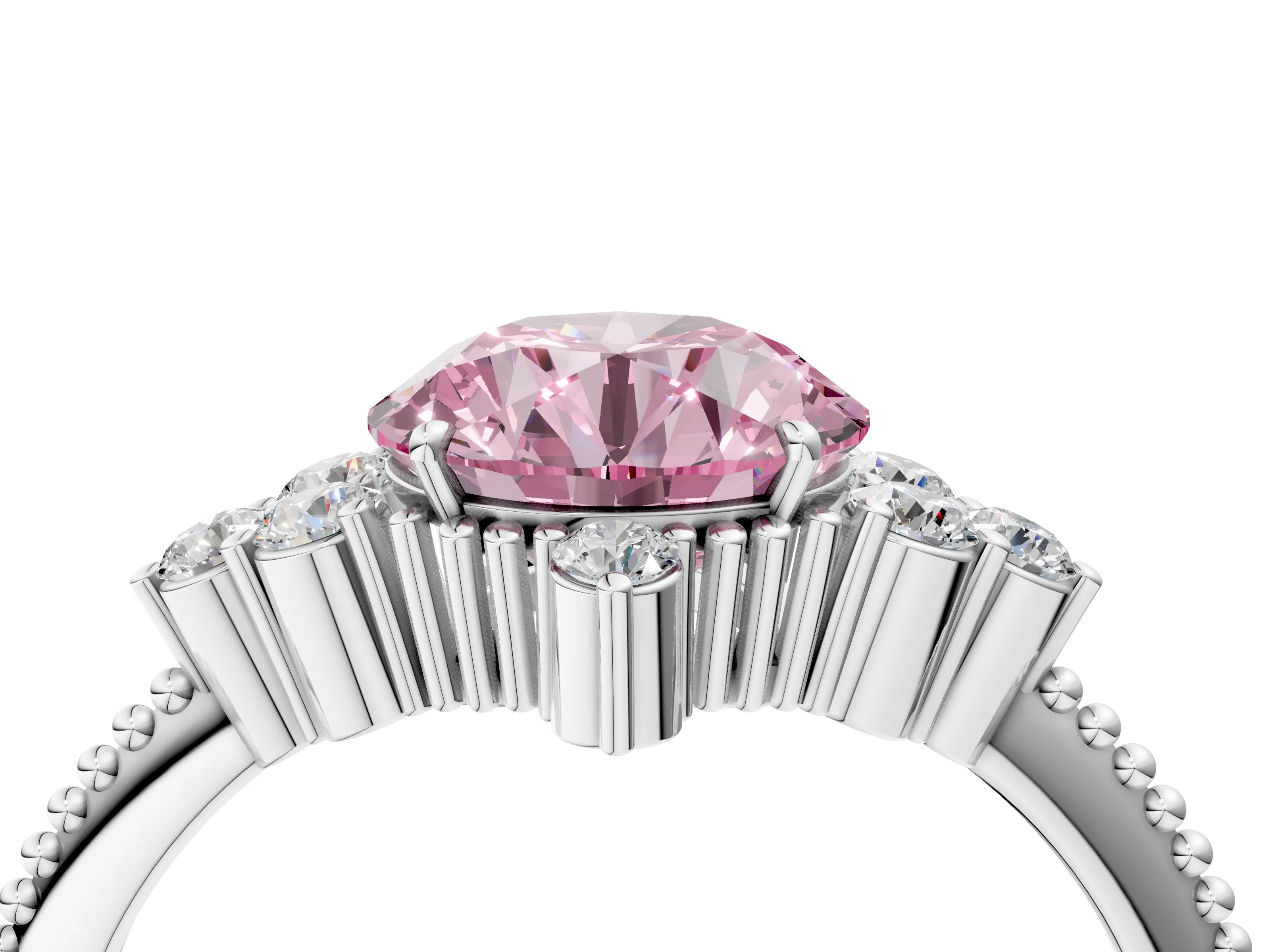 White gold Fancy Pink Round Cut Brilliant Diamond with Cluster Setting on a Beaded Band and Four-Prong Setting_4