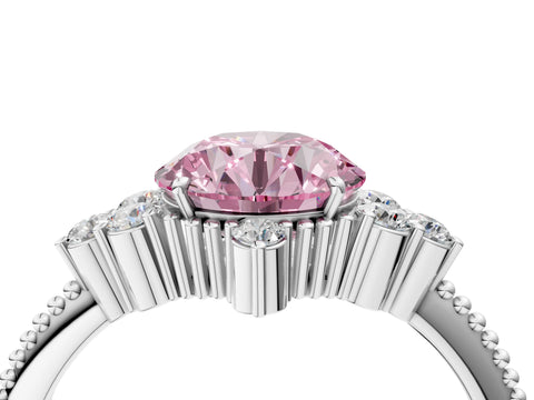 White gold Fancy Pink Round Cut Brilliant Diamond with Cluster Setting on a Beaded Band and Four-Prong Setting_4