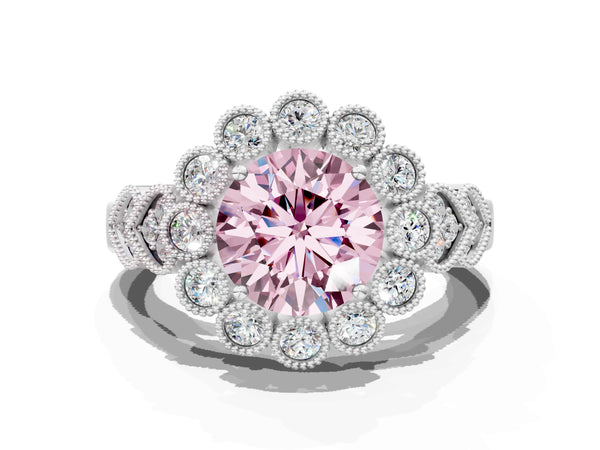 Platinum Fancy Pink Round Cut Brilliant Milgrain Pave Heart Band Solitaire Ring