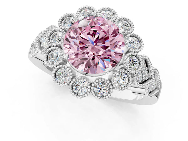 Platinum Fancy Pink Round Cut Brilliant Milgrain Pave Heart Band Solitaire Ring