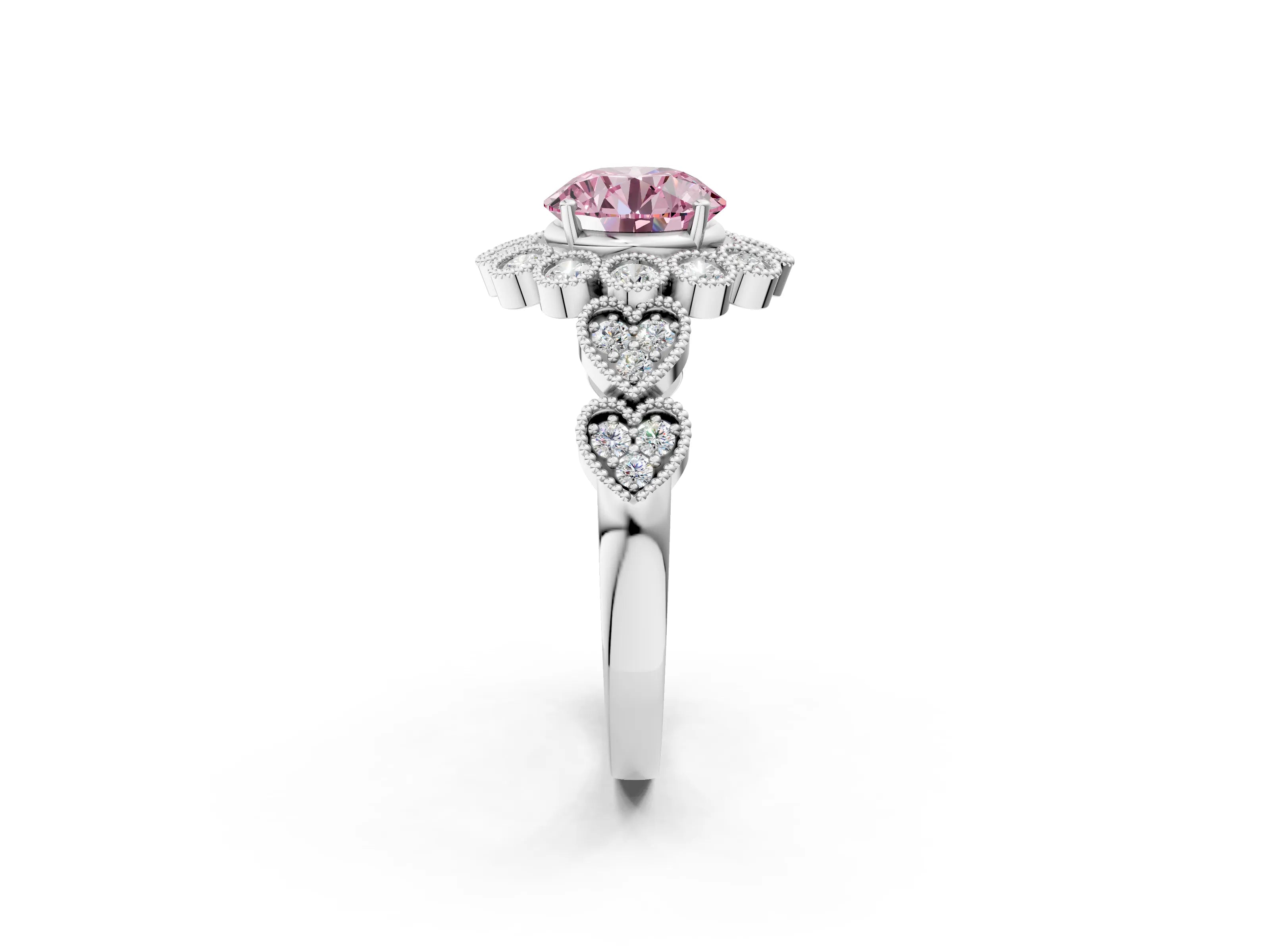 White gold Fancy Pink Round Cut Brilliant Milgrain Pave Heart Band Solitaire Ring_14