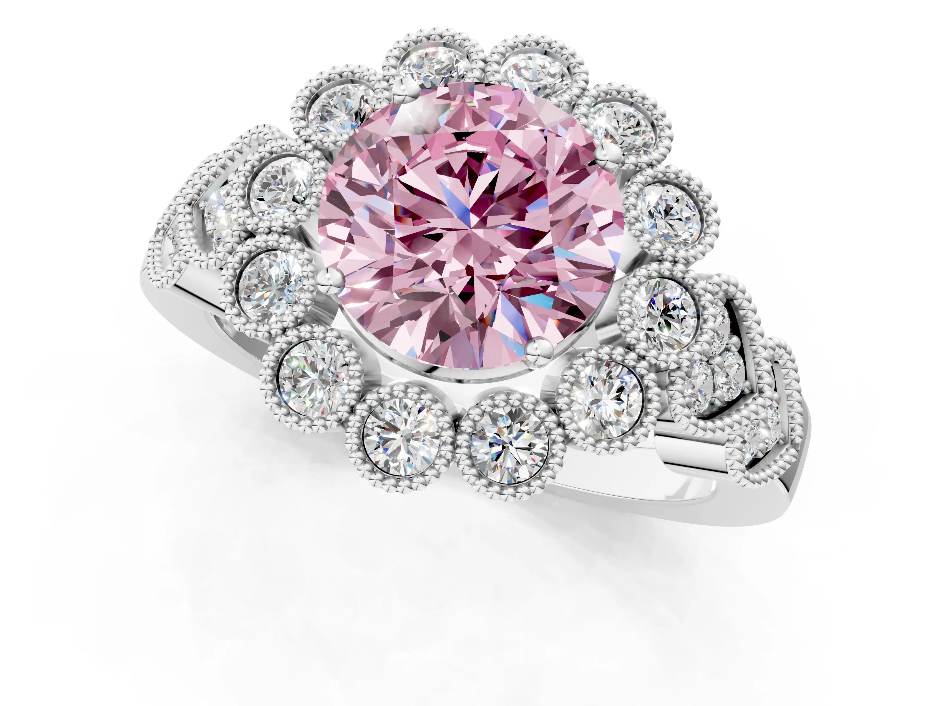 White gold Fancy Pink Round Cut Brilliant Milgrain Pave Heart Band Solitaire Ring_1