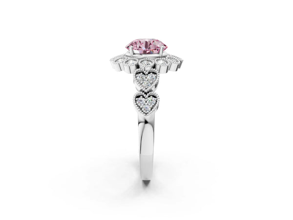 Platinum Fancy Pink Round Cut Brilliant Milgrain Pave Heart Band Solitaire Ring
