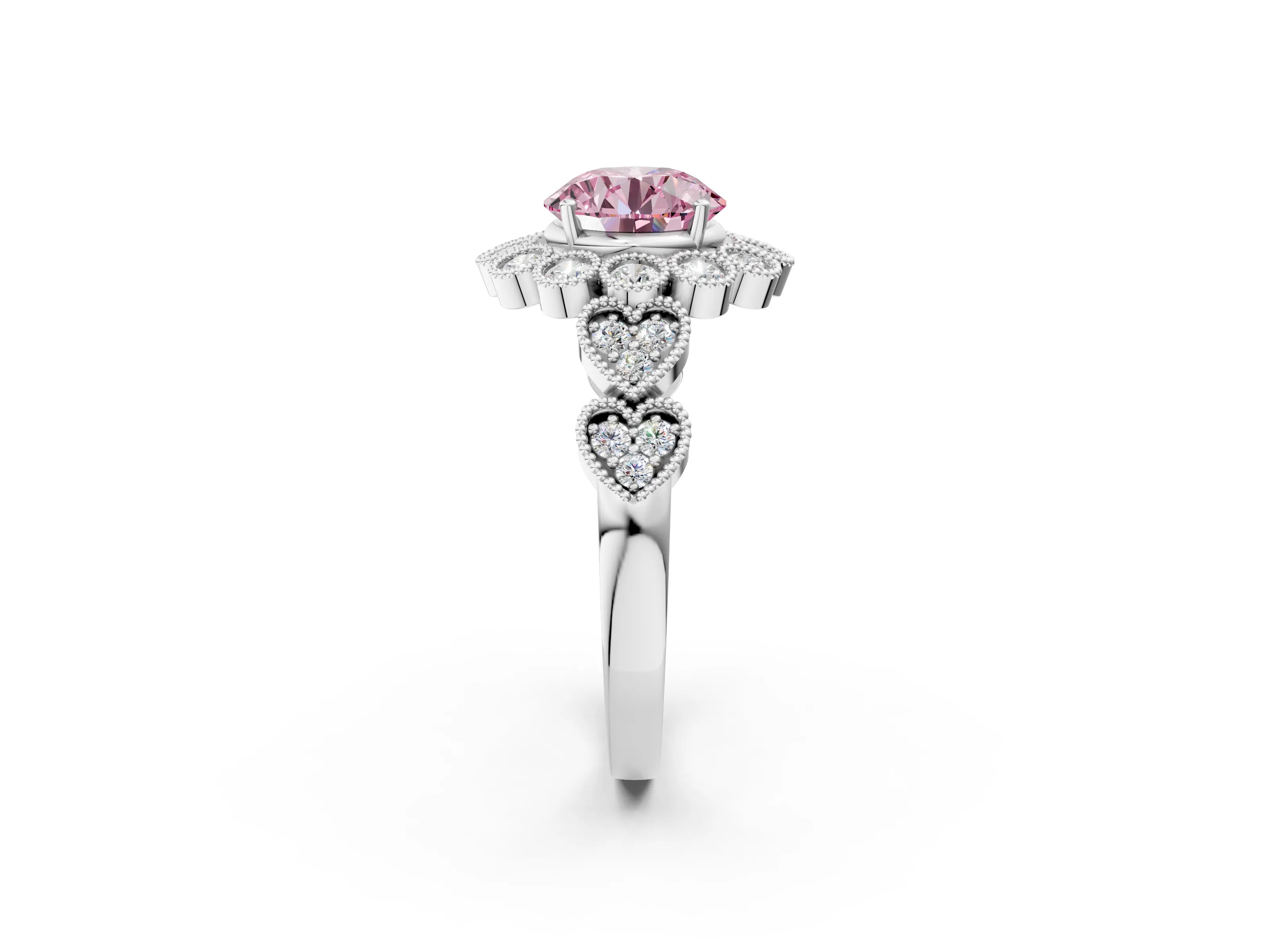 White gold Fancy Pink Round Cut Brilliant Milgrain Pave Heart Band Solitaire Ring_2