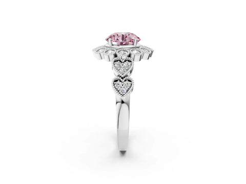 White gold Fancy Pink Round Cut Brilliant Milgrain Pave Heart Band Solitaire Ring_2