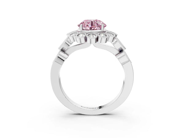 Platinum Fancy Pink Round Cut Brilliant Milgrain Pave Heart Band Solitaire Ring