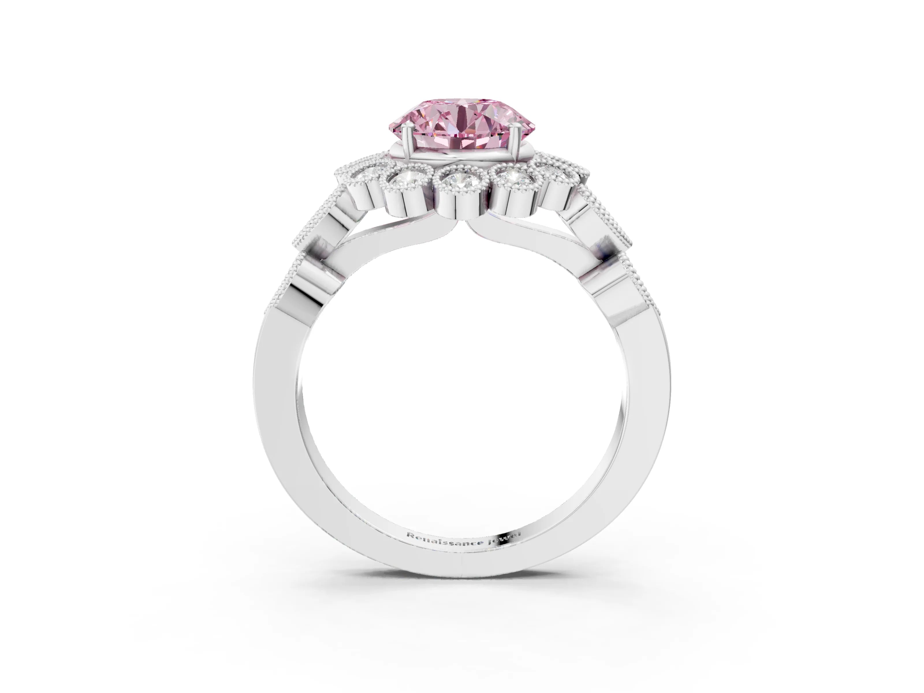 White gold Fancy Pink Round Cut Brilliant Milgrain Pave Heart Band Solitaire Ring_3
