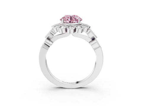 White gold Fancy Pink Round Cut Brilliant Milgrain Pave Heart Band Solitaire Ring_3