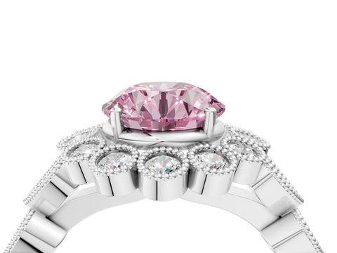 White gold Fancy Pink Round Cut Brilliant Milgrain Pave Heart Band Solitaire Ring_4