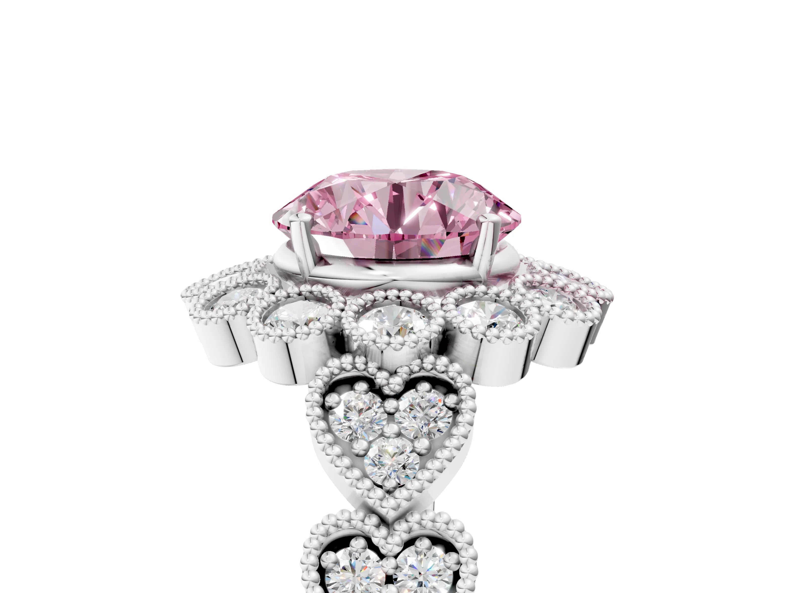 White gold Fancy Pink Round Cut Brilliant Milgrain Pave Heart Band Solitaire Ring_5