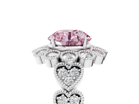 White gold Fancy Pink Round Cut Brilliant Milgrain Pave Heart Band Solitaire Ring_5