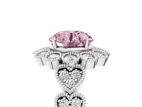 White gold Fancy Pink Round Cut Brilliant Milgrain Pave Heart Band Solitaire Ring_5