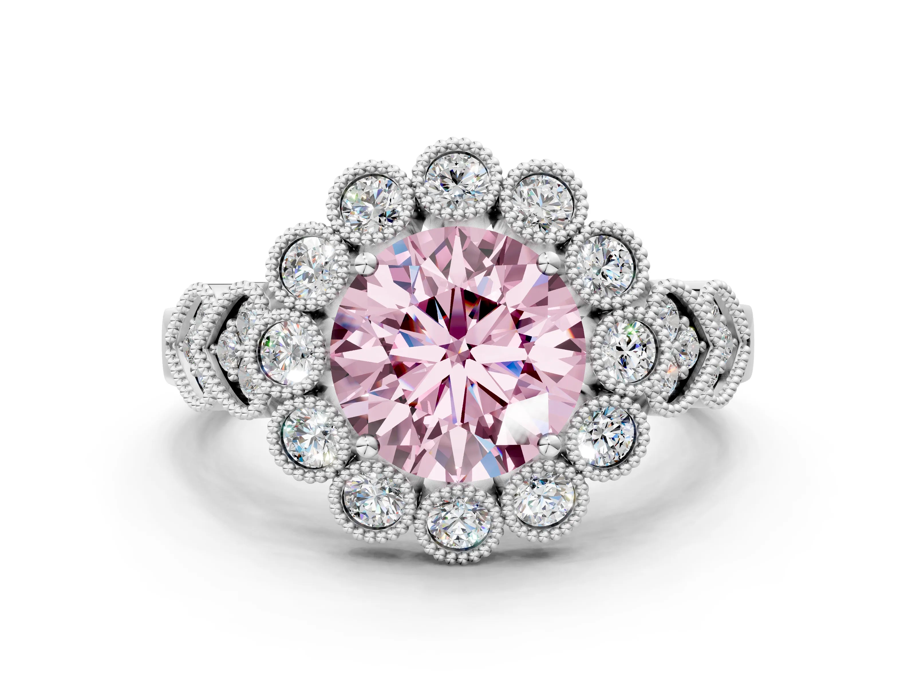 White gold Fancy Pink Round Cut Brilliant Milgrain Pave Heart Band Solitaire Ring
