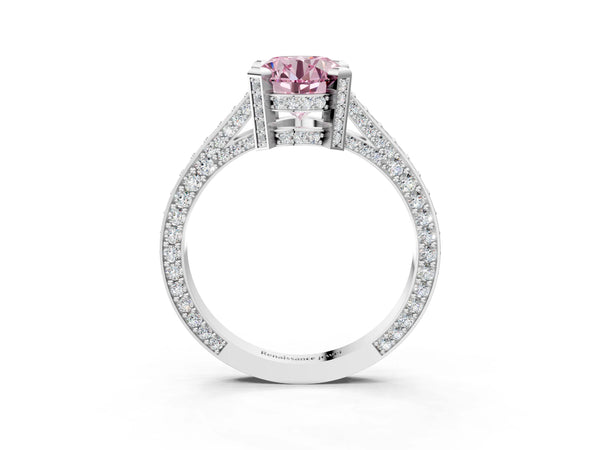 White gold Fancy Pink Round Cut Brilliant Split Shank Pave Solitaire Ring with Four-Prong Setting