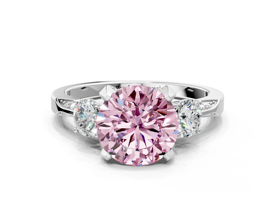 White gold Fancy Pink Round Cut Brilliant Three-Stone Diamond Ring with Pavé Band and Four-Prong Setting_15