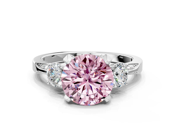 White gold Fancy Pink Round Cut Brilliant Three-Stone Diamond Ring with Pavé Band and Four-Prong Setting