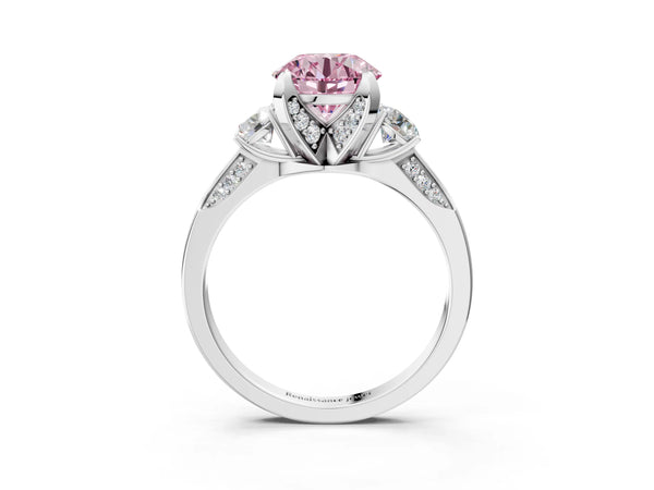 White gold Fancy Pink Round Cut Brilliant Three-Stone Diamond Ring with Pavé Band and Four-Prong Setting