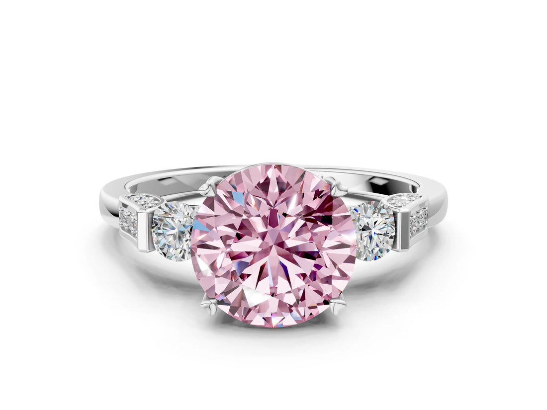 White gold Fancy Pink Round Cut Brilliant Three-Stone Pave Band with Four-Prong Setting