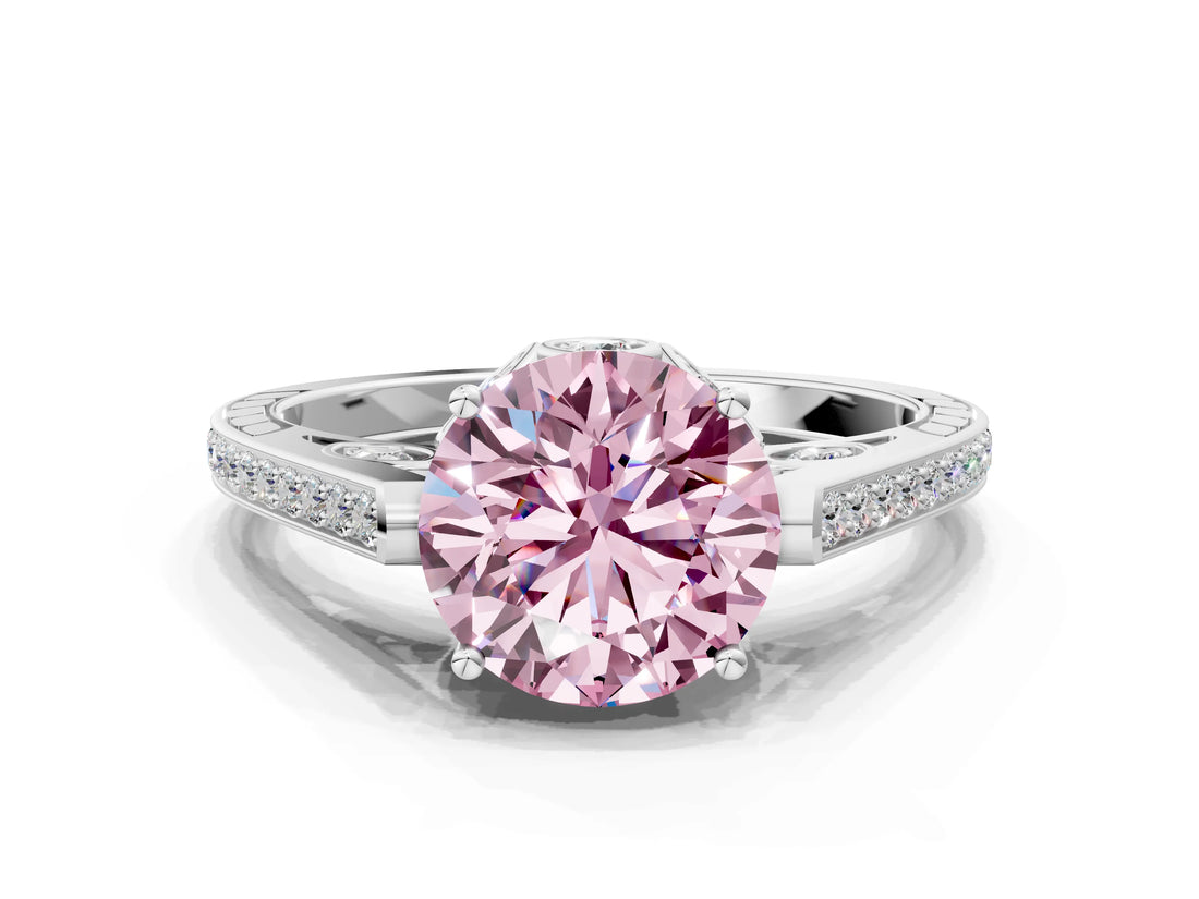 White gold Fancy Pink Round  Cut Cathedral Pave Diamond Engagement Ring with Six-Prong Setting_55