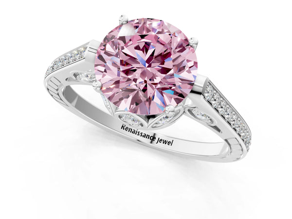 Platinum Round Cathedral Engagement Ring Setting for Fancy Pink Center with Pave Shoulders