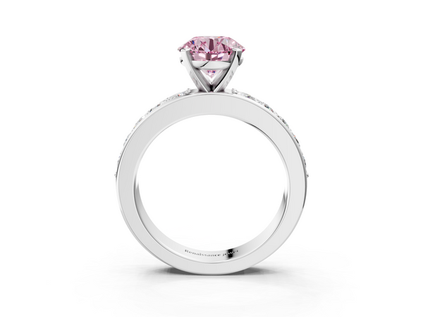 Platinum Fancy Pink Round  Cut Channel Set Diamond Engagement Ring with Four-Prong Setting