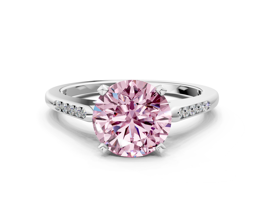 White gold Fancy Pink Round  Cut Channel Set Solitaire Engagement Ring with Four-Prong Setting