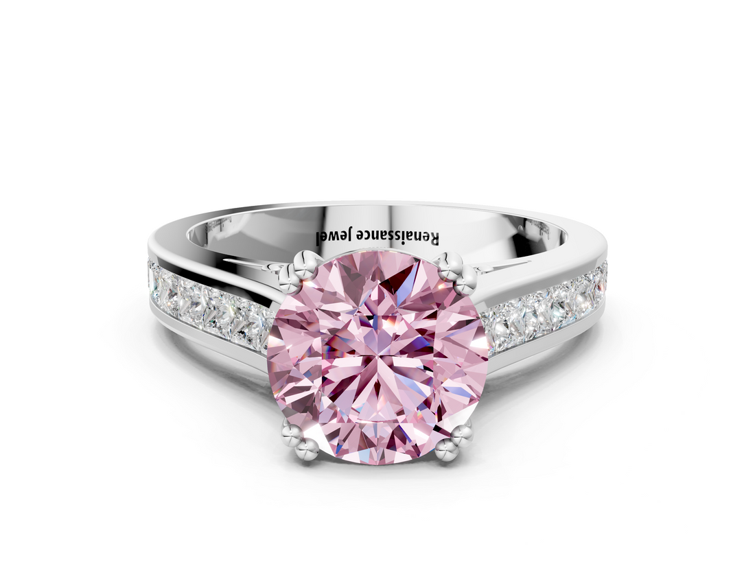 White gold Fancy Pink Round  Cut Channel Set Solitaire Engagement Ring with Prong Setting