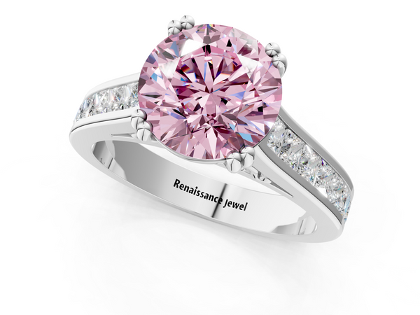 White gold Fancy Pink Round  Cut Channel Set Solitaire Engagement Ring with Prong Setting