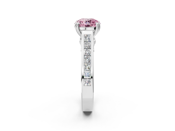 White gold Fancy Pink Round  Cut Channel Set Solitaire Engagement Ring with Prong Setting