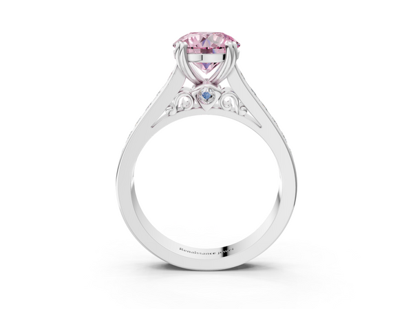 White gold Fancy Pink Round  Cut Channel Set Solitaire Engagement Ring with Prong Setting