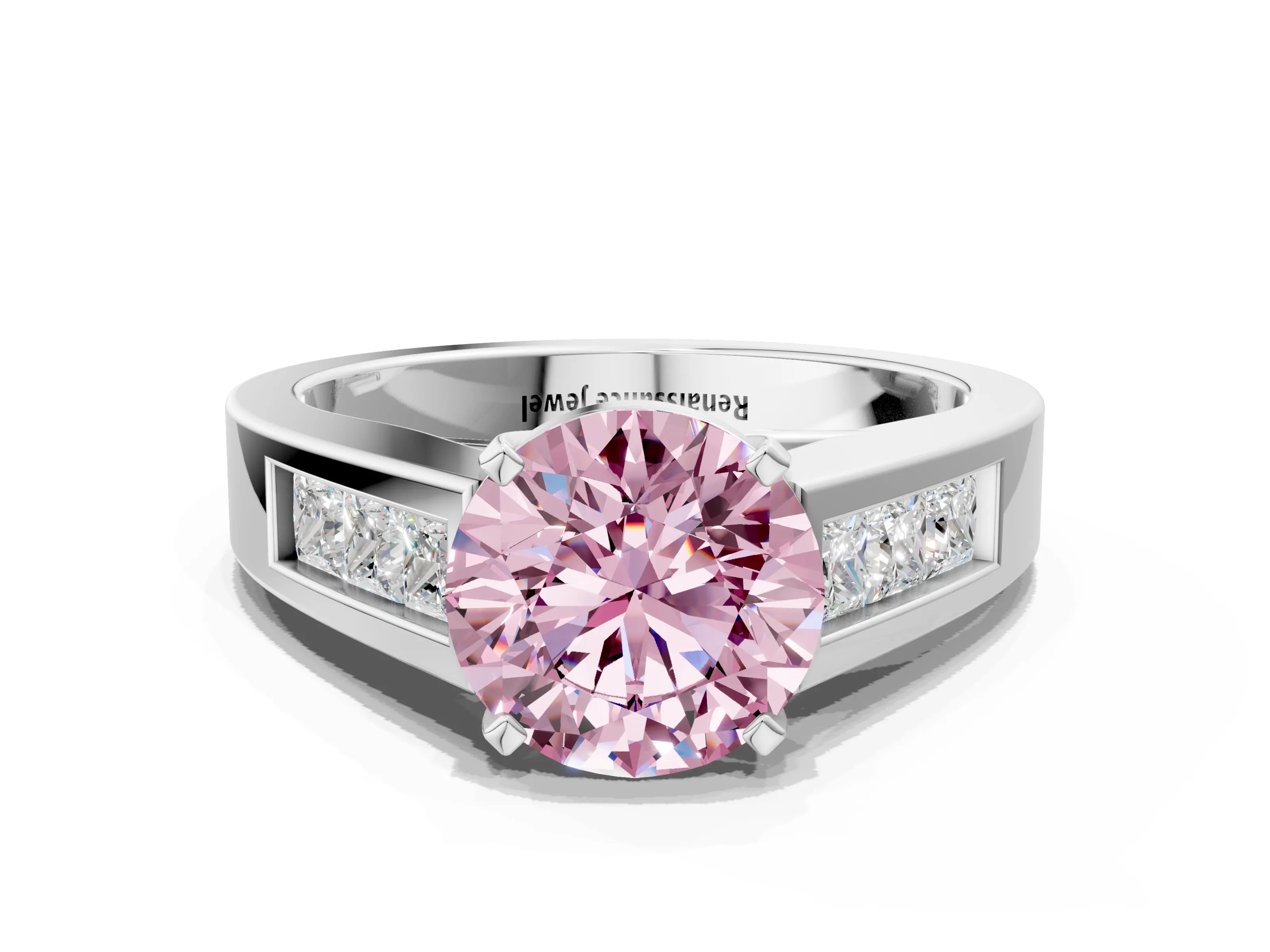 White gold Fancy Pink Round Cut Cut Channel Set Solitaire Ring with Four-Prong Setting_12