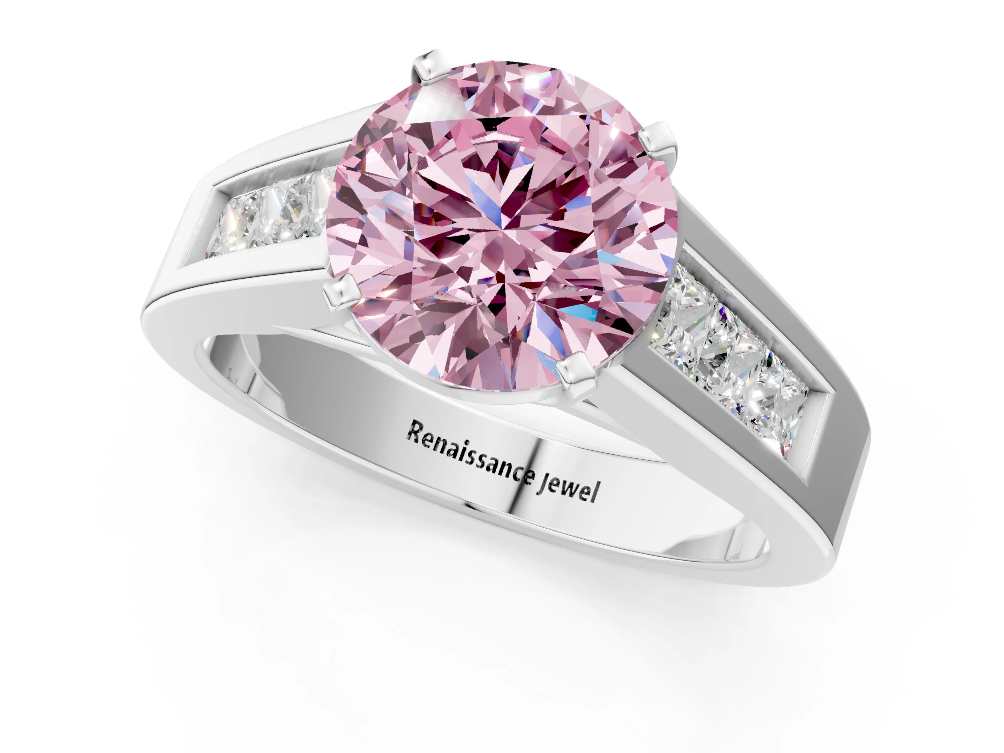 White gold Fancy Pink Round Cut Cut Channel Set Solitaire Ring with Four-Prong Setting_13