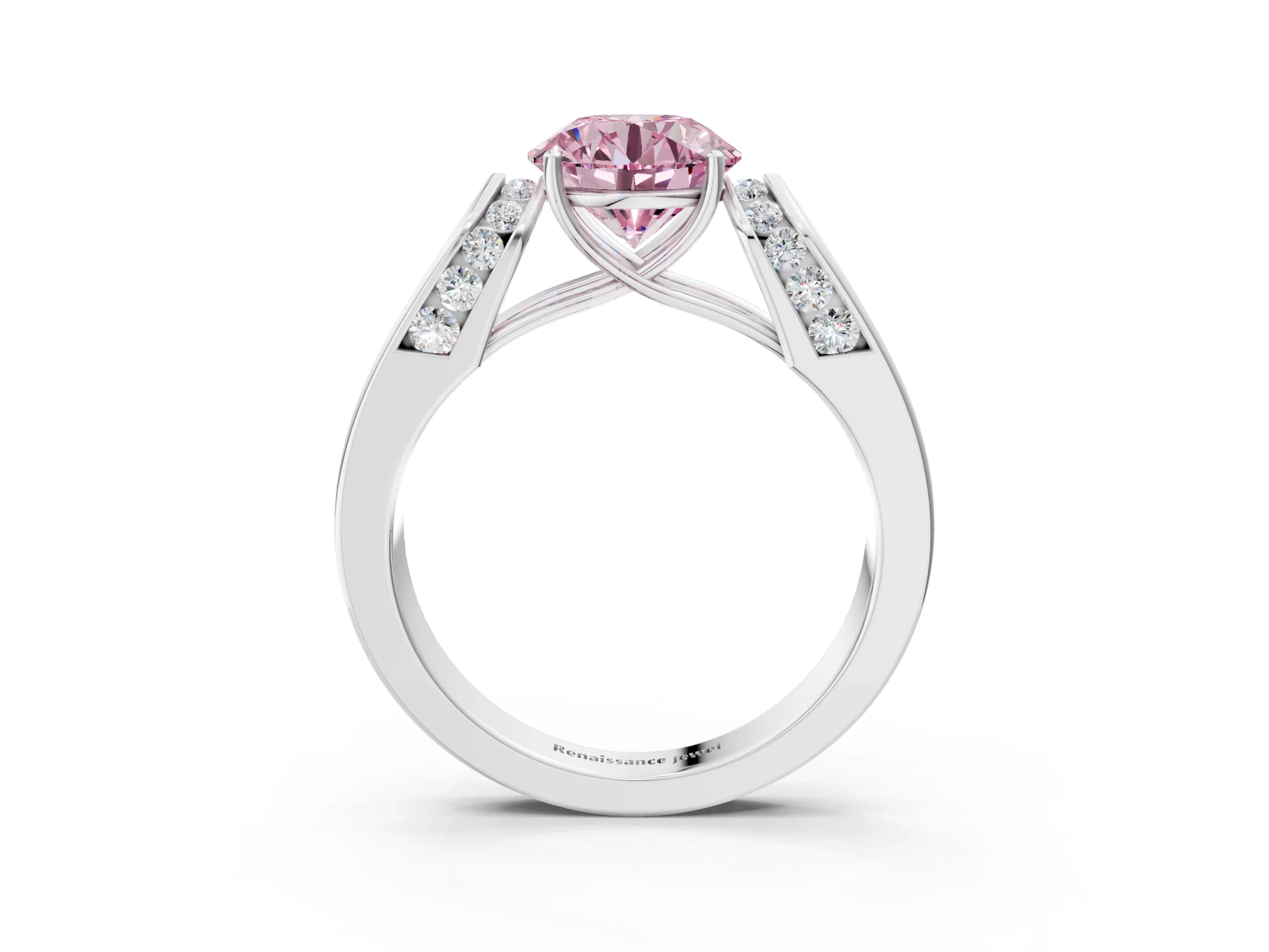 White gold Fancy Pink Round Cut Cut Diamond Channel Set Solitaire Ring with Four-Prong Setting_3