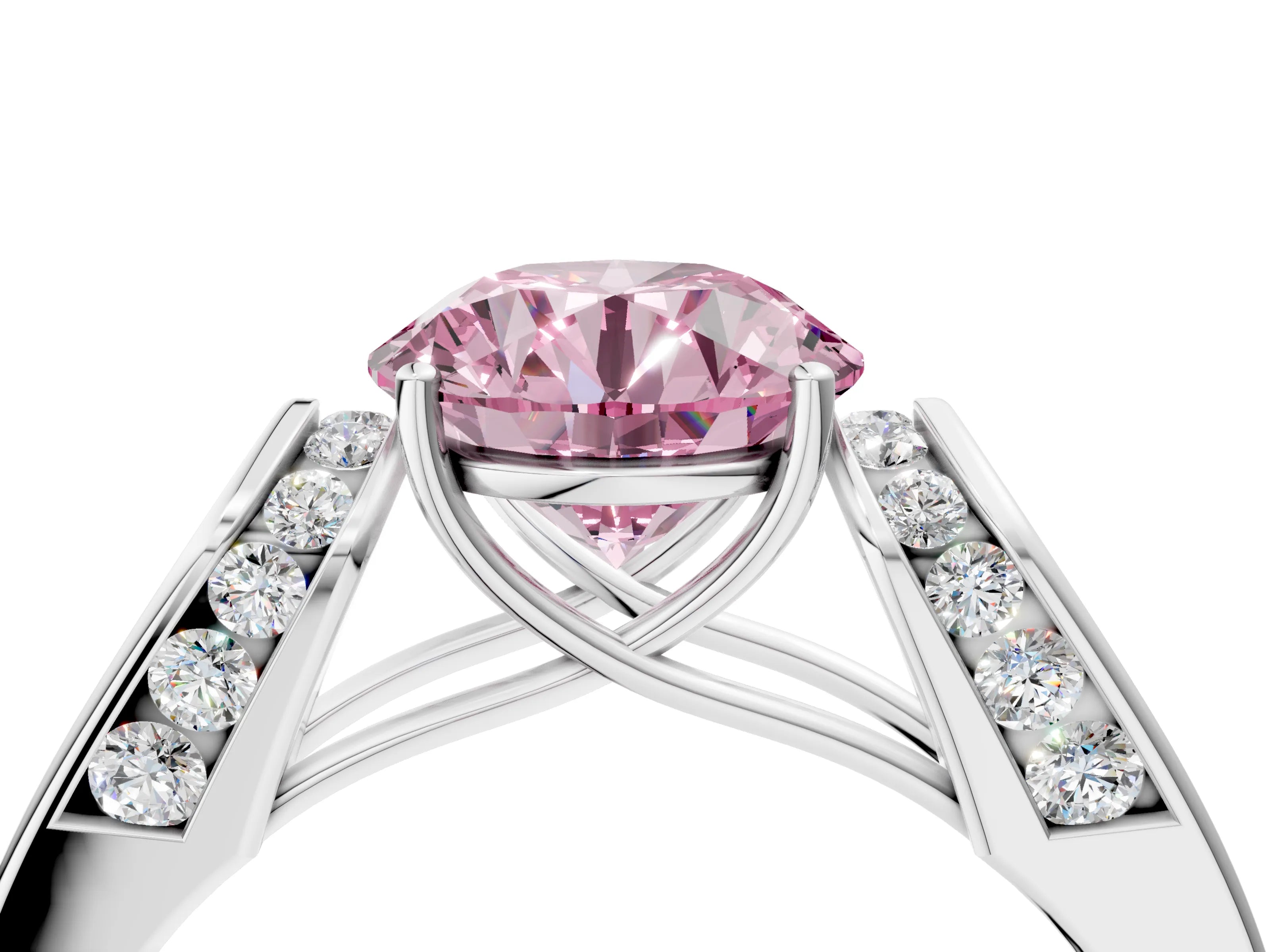White gold Fancy Pink Round Cut Cut Diamond Channel Set Solitaire Ring with Four-Prong Setting_4