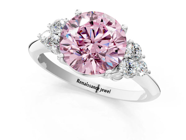 White gold Fancy Pink Round Cut Cut Diamond Cluster Ring with Solitaire Band and Four-Prong Setting