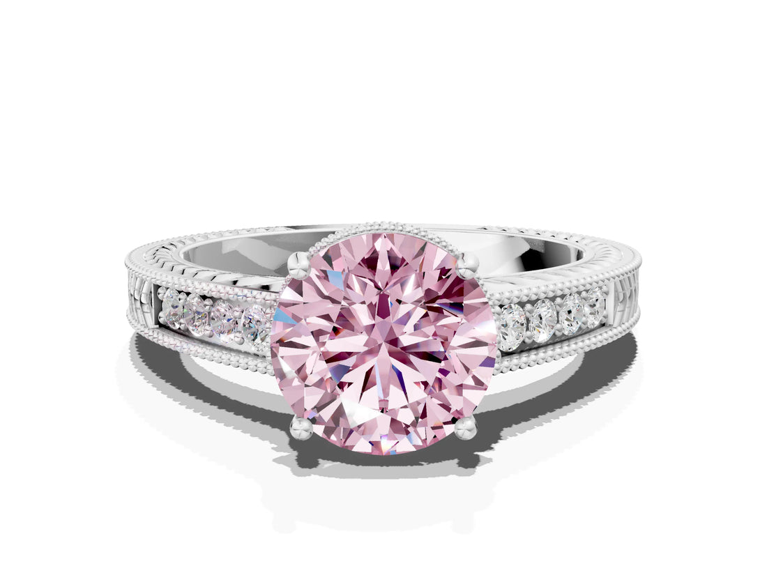 White gold Fancy Pink Round Cut Cut Diamond Milgrain Pave Band Four-Prong Setting Ring_15