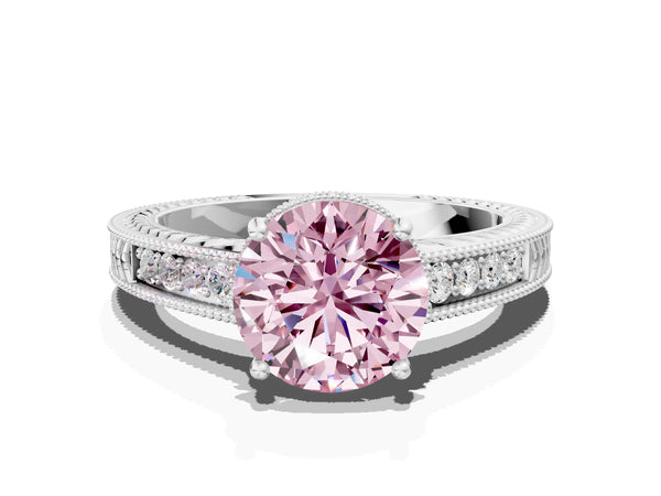White gold Fancy Pink Round Cut Cut Diamond Milgrain Pave Band Four-Prong Setting Ring