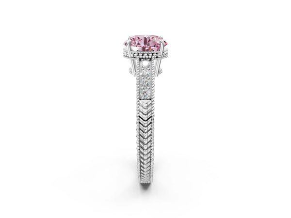 White gold Fancy Pink Round Cut Cut Diamond Milgrain Pave Band Four-Prong Setting Ring