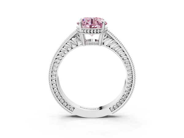 White gold Fancy Pink Round Cut Cut Diamond Milgrain Pave Band Four-Prong Setting Ring