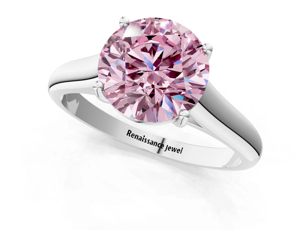 White gold Fancy Pink Round Cut Cut Diamond Solitaire Engagement Ring with Tapered Plain Band and Four-Prong Setting