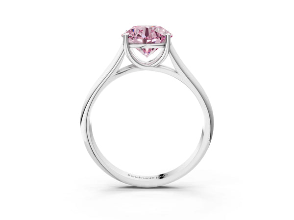 White gold Fancy Pink Round Cut Cut Diamond Solitaire Engagement Ring with Tapered Plain Band and Four-Prong Setting