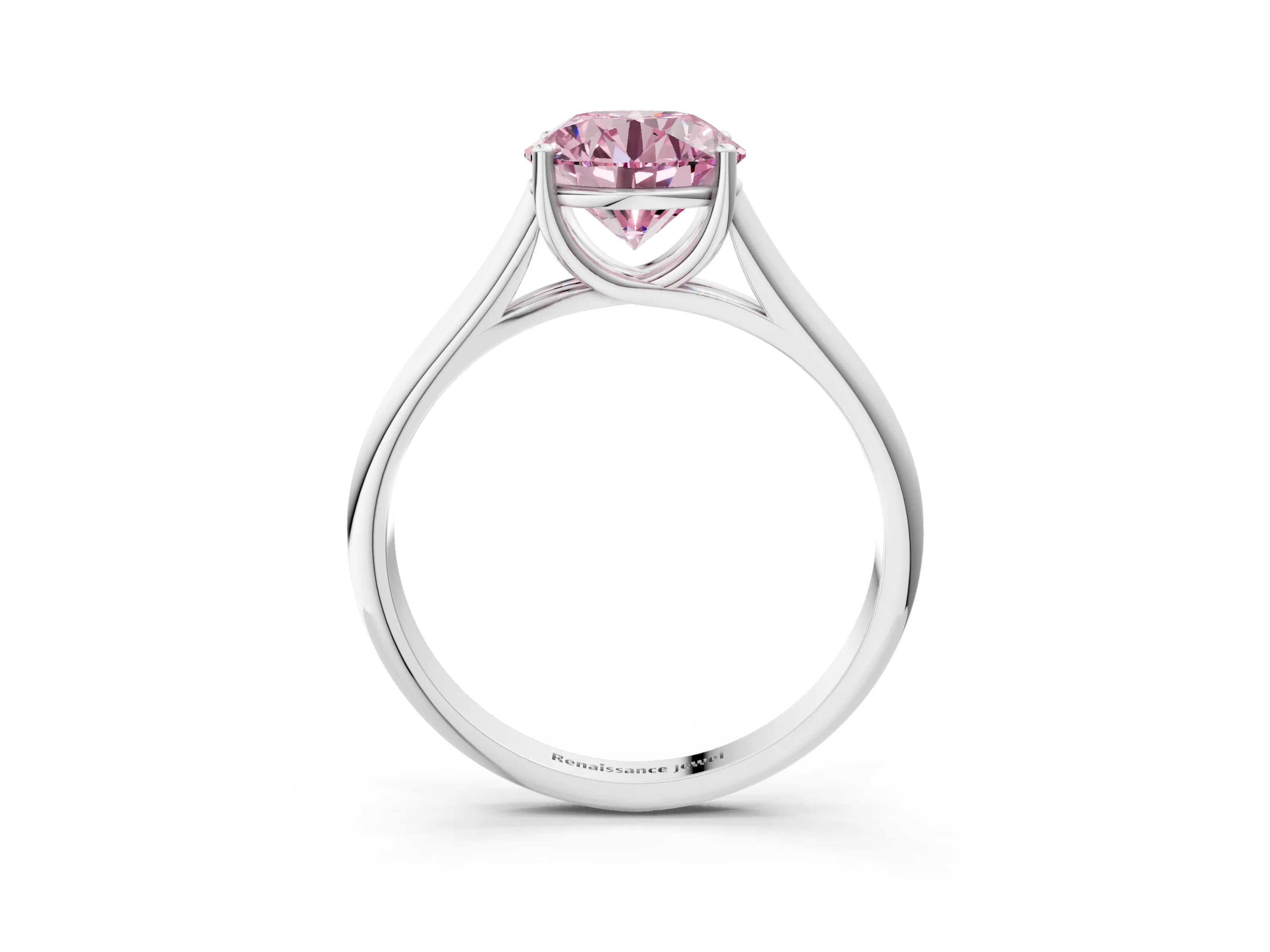 White gold Fancy Pink Round Cut Cut Diamond Solitaire Engagement Ring with Tapered Plain Band and Four-Prong Setting_3