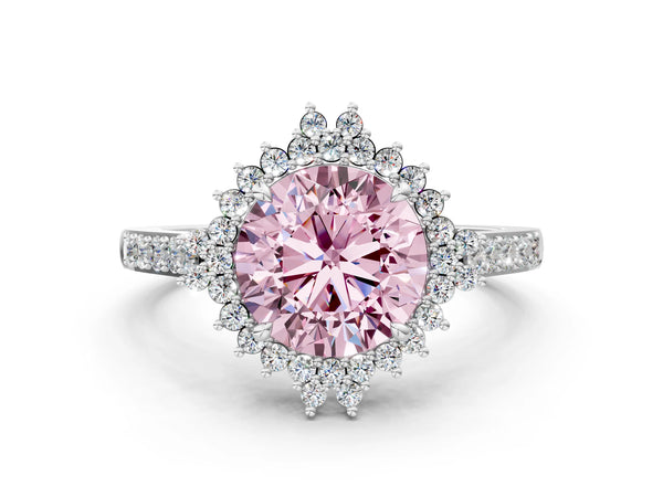 Platinum Fancy Pink Round Cut Cut Diamond Sunburst Halo Engagement Ring with Pavé Band