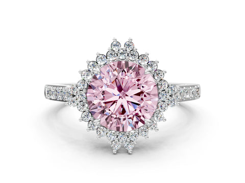 White gold Fancy Pink Round Cut Cut Diamond Sunburst Halo Engagement Ring with Pavé Band_12