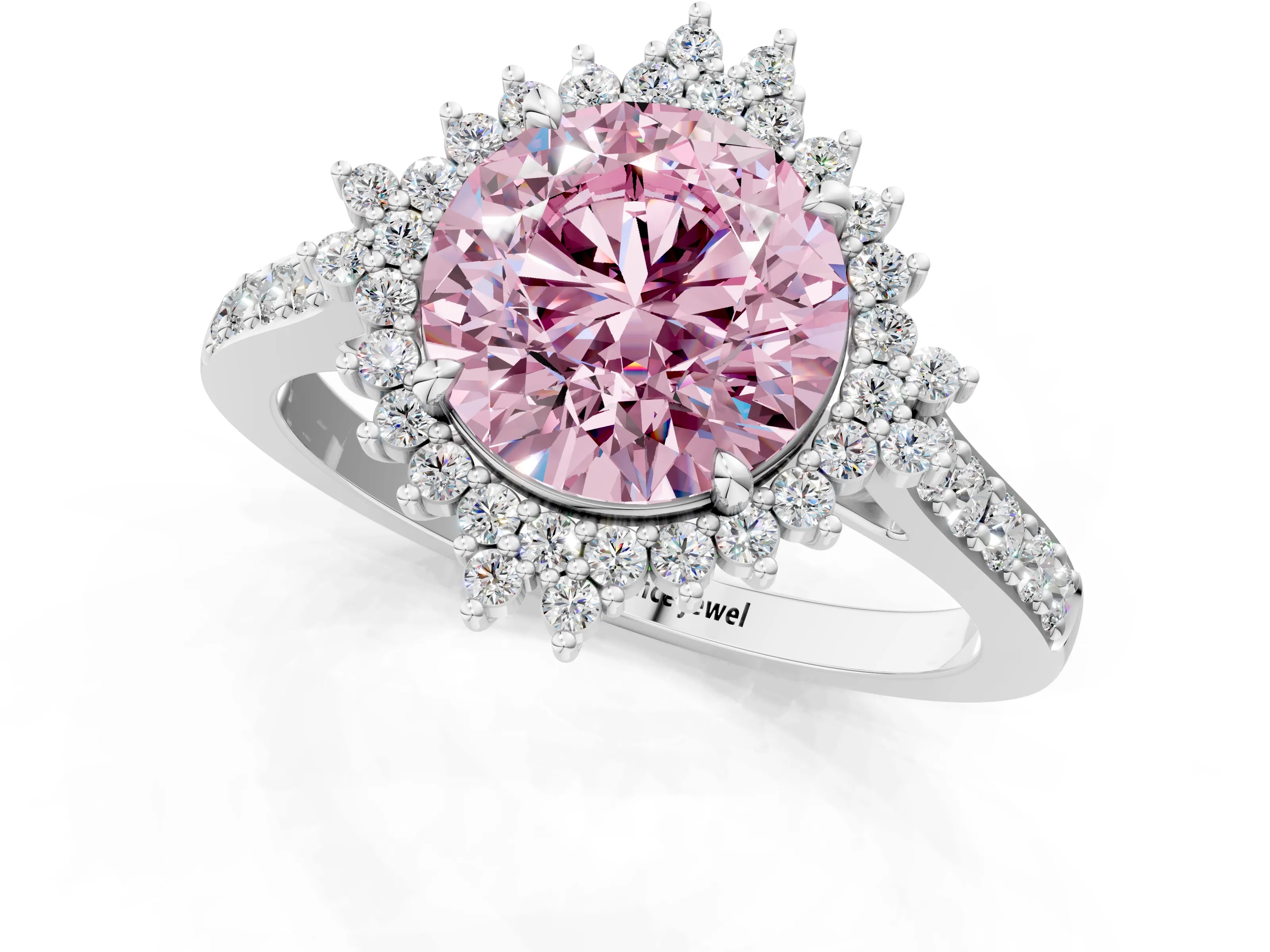 White gold Fancy Pink Round Cut Cut Diamond Sunburst Halo Engagement Ring with Pavé Band_13
